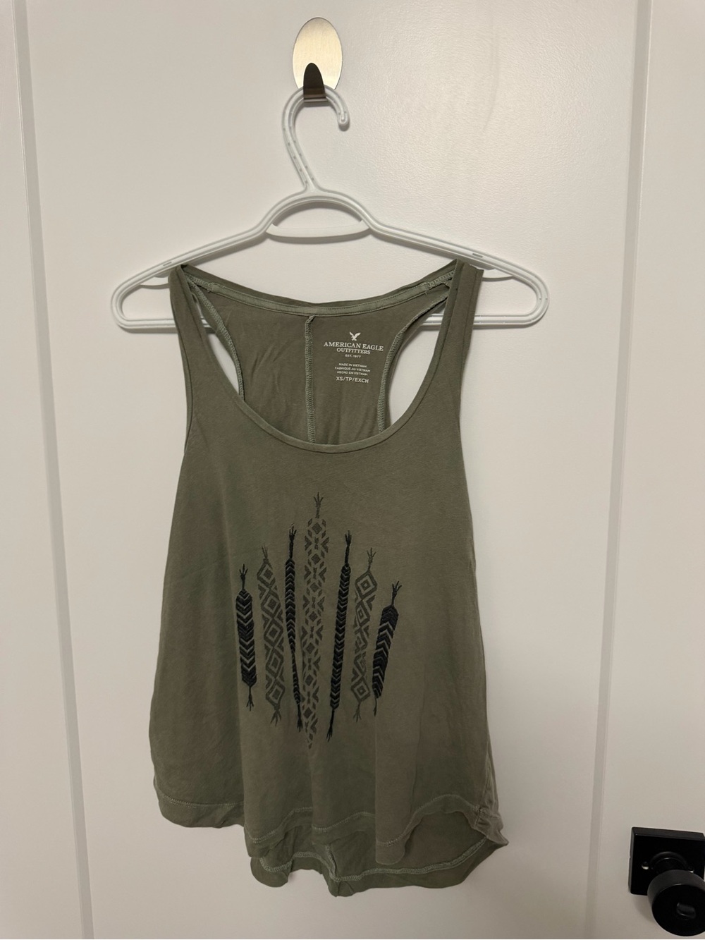 American Eagle Outfitters Olive Green Racerback Tank with Black Aztec Graphic